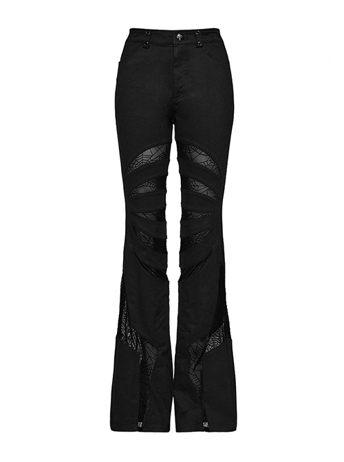 Black Micro Stretch Twill Woven Spiderweb Claw Gothic Flared Pants