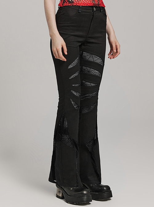 Black Micro Stretch Twill Woven Spiderweb Claw Gothic Flared Pants