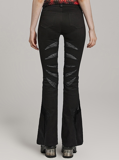 Black Micro Stretch Twill Woven Spiderweb Claw Gothic Flared Pants