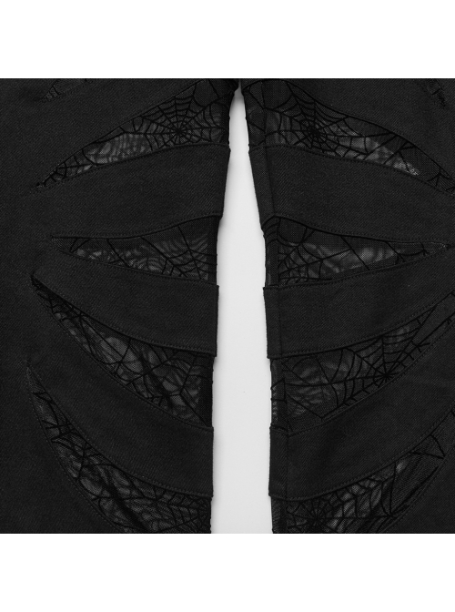 Black Micro Stretch Twill Woven Spiderweb Claw Gothic Flared Pants