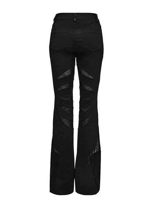 Black Micro Stretch Twill Woven Spiderweb Claw Gothic Flared Pants