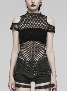 Personalized Black Hollow Mesh Stitching Soft Knitted Turtleneck Punk Style Short-Sleeved T-Shirt