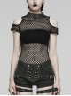 Personalized Black Hollow Mesh Stitching Soft Knitted Turtleneck Punk Style Short-Sleeved T-Shirt