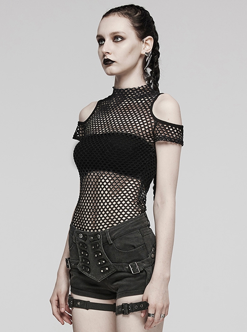 Personalized Black Hollow Mesh Stitching Soft Knitted Turtleneck Punk Style Short-Sleeved T-Shirt