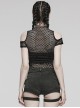 Personalized Black Hollow Mesh Stitching Soft Knitted Turtleneck Punk Style Short-Sleeved T-Shirt