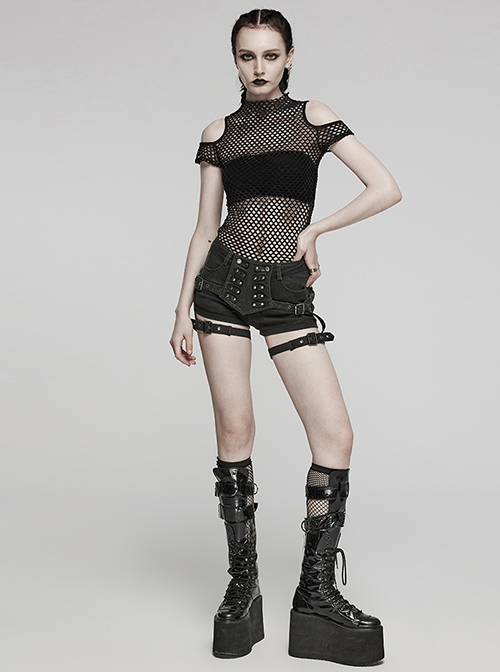 Personalized Black Hollow Mesh Stitching Soft Knitted Turtleneck Punk Style Short-Sleeved T-Shirt