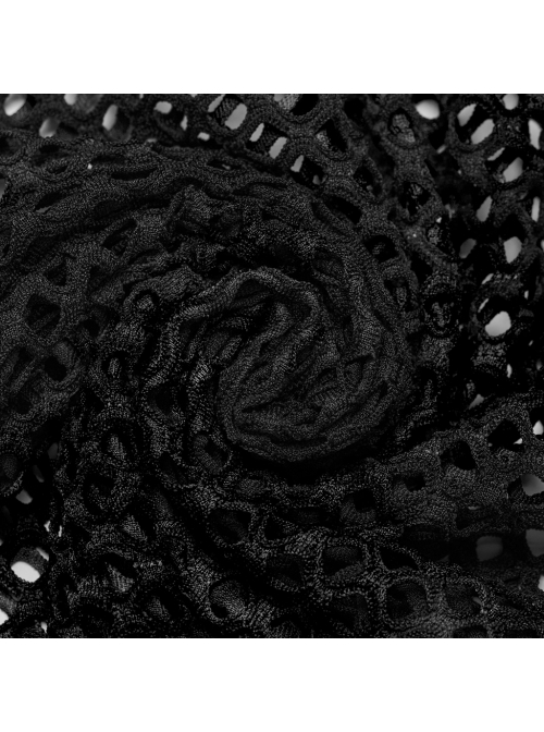 Personalized Black Hollow Mesh Stitching Soft Knitted Turtleneck Punk Style Short-Sleeved T-Shirt