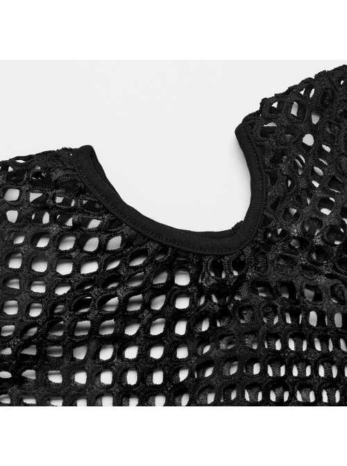 Personalized Black Hollow Mesh Stitching Soft Knitted Turtleneck Punk Style Short-Sleeved T-Shirt