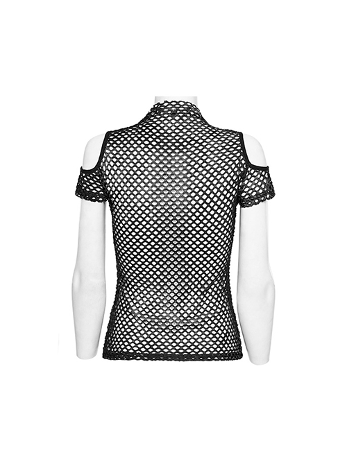 Personalized Black Hollow Mesh Stitching Soft Knitted Turtleneck Punk Style Short-Sleeved T-Shirt
