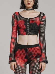 Black And Red Mesh Stitching Knitted Chest Hook Decoration Punk Style See Through Long Sleeved T-Shirt