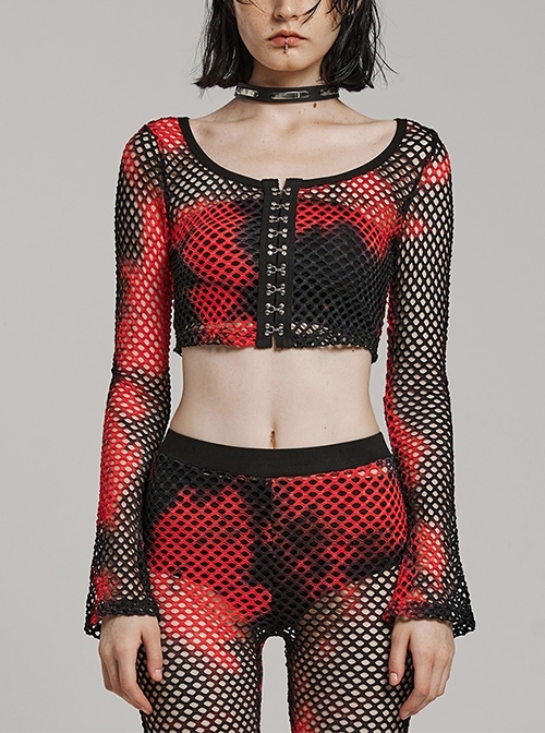 Black And Red Mesh Stitching Knitted Chest Hook Decoration Punk Style See Through Long Sleeved T-Shirt