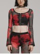 Black And Red Mesh Stitching Knitted Chest Hook Decoration Punk Style See Through Long Sleeved T-Shirt