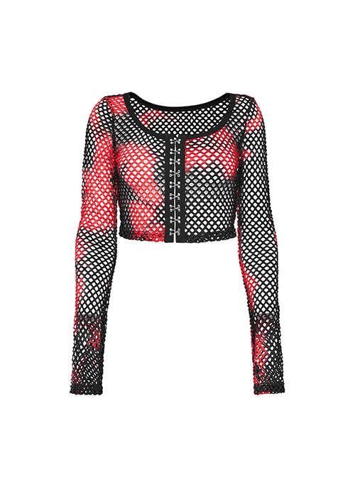 Black And Red Mesh Stitching Knitted Chest Hook Decoration Punk Style See Through Long Sleeved T-Shirt