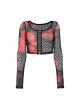 Black And Red Mesh Stitching Knitted Chest Hook Decoration Punk Style See Through Long Sleeved T-Shirt
