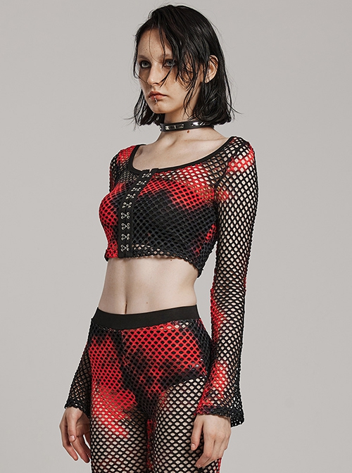 Black And Red Mesh Stitching Knitted Chest Hook Decoration Punk Style See Through Long Sleeved T-Shirt