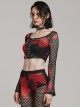 Black And Red Mesh Stitching Knitted Chest Hook Decoration Punk Style See Through Long Sleeved T-Shirt