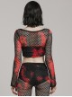 Black And Red Mesh Stitching Knitted Chest Hook Decoration Punk Style See Through Long Sleeved T-Shirt
