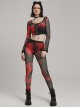 Black And Red Mesh Stitching Knitted Chest Hook Decoration Punk Style See Through Long Sleeved T-Shirt