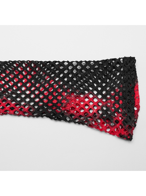 Black And Red Mesh Stitching Knitted Chest Hook Decoration Punk Style See Through Long Sleeved T-Shirt