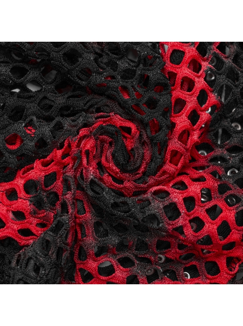Black And Red Mesh Stitching Knitted Chest Hook Decoration Punk Style See Through Long Sleeved T-Shirt