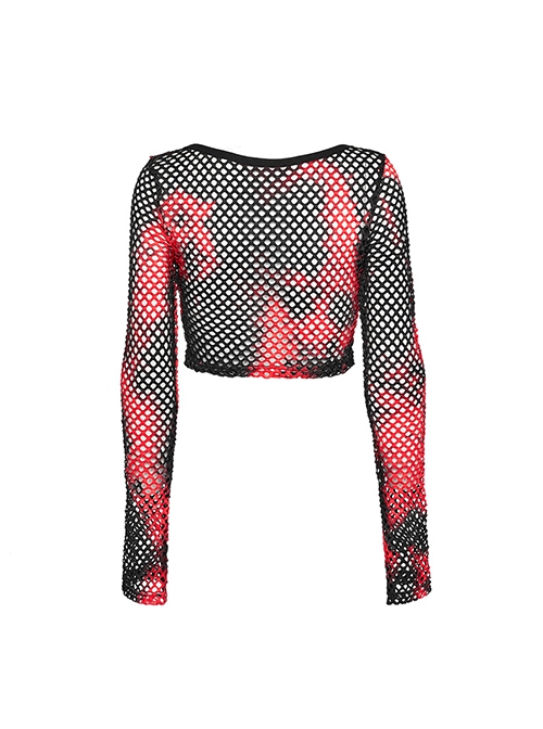 Black And Red Mesh Stitching Knitted Chest Hook Decoration Punk Style See Through Long Sleeved T-Shirt