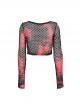 Black And Red Mesh Stitching Knitted Chest Hook Decoration Punk Style See Through Long Sleeved T-Shirt