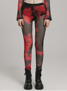 Black And Red Mesh Stitching Knitted Sexy Punk Style See Through Leggings
