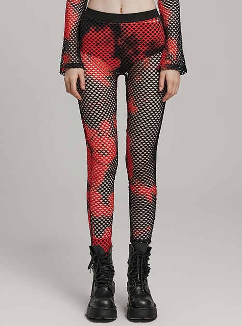Black And Red Mesh Stitching Knitted Sexy Punk Style See Through Leggings