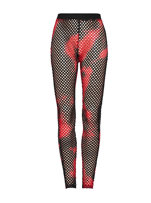 Black And Red Mesh Stitching Knitted Sexy Punk Style See Through Leggings