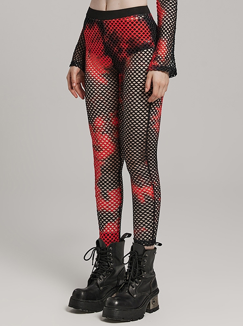 Black And Red Mesh Stitching Knitted Sexy Punk Style See Through Leggings