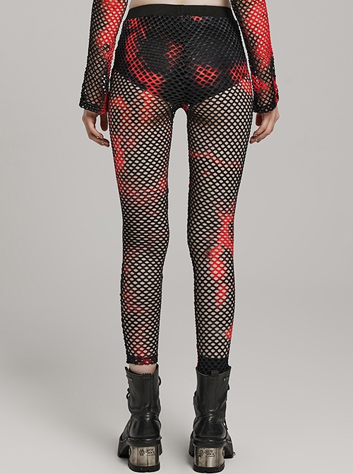 Black And Red Mesh Stitching Knitted Sexy Punk Style See Through Leggings