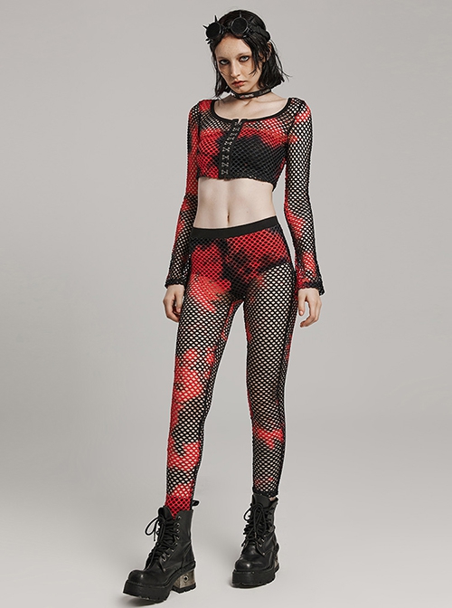 Black And Red Mesh Stitching Knitted Sexy Punk Style See Through Leggings