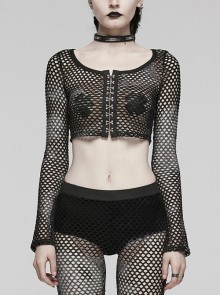 Black Mesh Stitching Knitted Chest Hook Decoration Punk Style See Through Long Sleeved T-Shirt