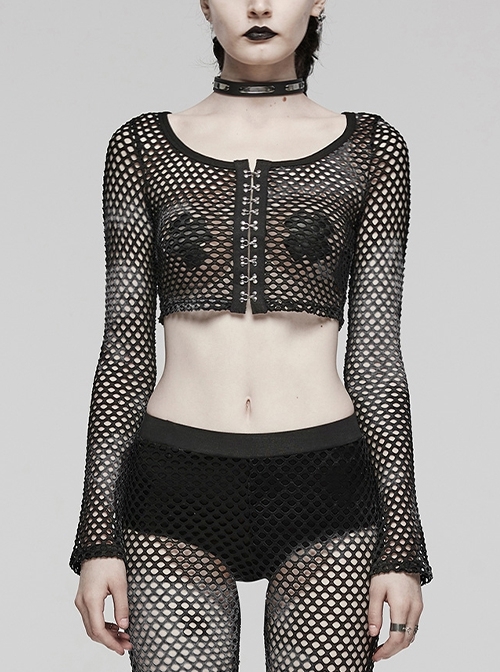 Black Mesh Stitching Knitted Chest Hook Decoration Punk Style See Through Long Sleeved T-Shirt