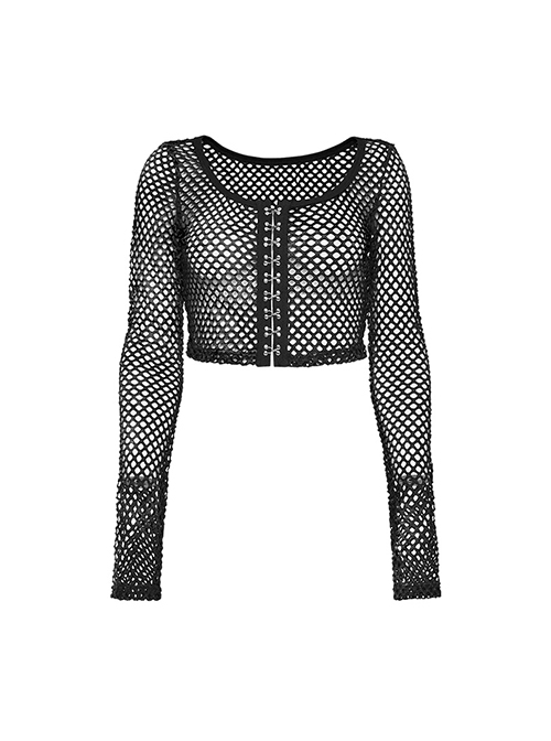 Black Mesh Stitching Knitted Chest Hook Decoration Punk Style See Through Long Sleeved T-Shirt