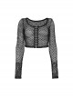 Black Mesh Stitching Knitted Chest Hook Decoration Punk Style See Through Long Sleeved T-Shirt