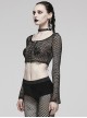 Black Mesh Stitching Knitted Chest Hook Decoration Punk Style See Through Long Sleeved T-Shirt