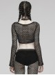Black Mesh Stitching Knitted Chest Hook Decoration Punk Style See Through Long Sleeved T-Shirt