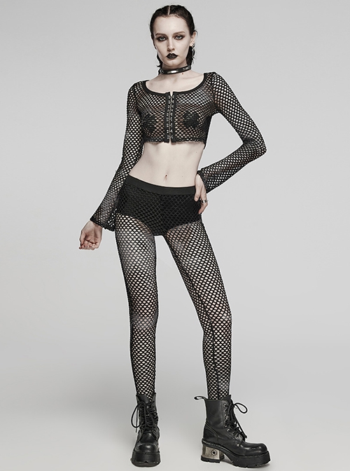 Black Mesh Stitching Knitted Chest Hook Decoration Punk Style See Through Long Sleeved T-Shirt