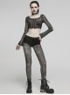 Black Mesh Stitching Knitted Chest Hook Decoration Punk Style See Through Long Sleeved T-Shirt