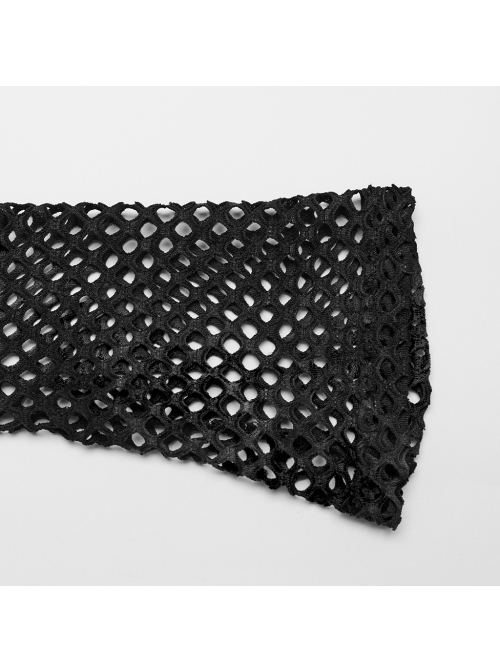 Black Mesh Stitching Knitted Chest Hook Decoration Punk Style See Through Long Sleeved T-Shirt