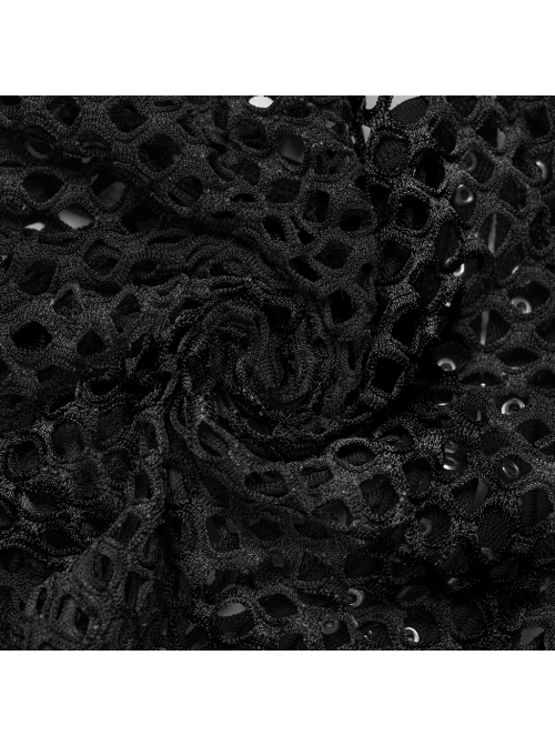 Black Mesh Stitching Knitted Chest Hook Decoration Punk Style See Through Long Sleeved T-Shirt