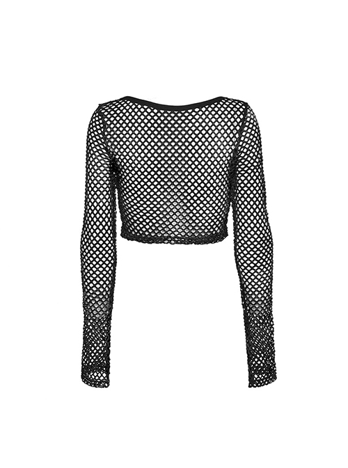 Black Mesh Stitching Knitted Chest Hook Decoration Punk Style See Through Long Sleeved T-Shirt