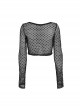 Black Mesh Stitching Knitted Chest Hook Decoration Punk Style See Through Long Sleeved T-Shirt