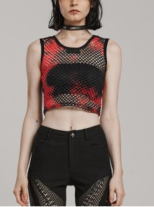 Black And Red Soft Knitted Hollow Mesh Front Chest Webbing Embellished Punk Style Sleeveless Fitted Vest