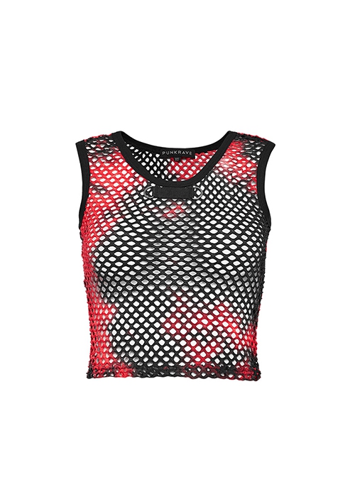 Black And Red Soft Knitted Hollow Mesh Front Chest Webbing Embellished Punk Style Sleeveless Fitted Vest