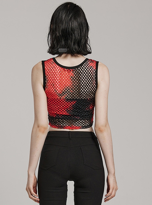 Black And Red Soft Knitted Hollow Mesh Front Chest Webbing Embellished Punk Style Sleeveless Fitted Vest