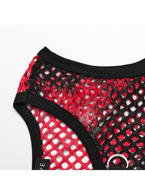 Black And Red Soft Knitted Hollow Mesh Front Chest Webbing Embellished Punk Style Sleeveless Fitted Vest