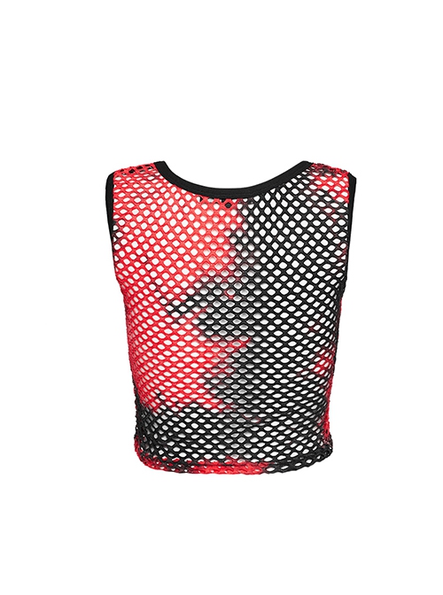 Black And Red Soft Knitted Hollow Mesh Front Chest Webbing Embellished Punk Style Sleeveless Fitted Vest