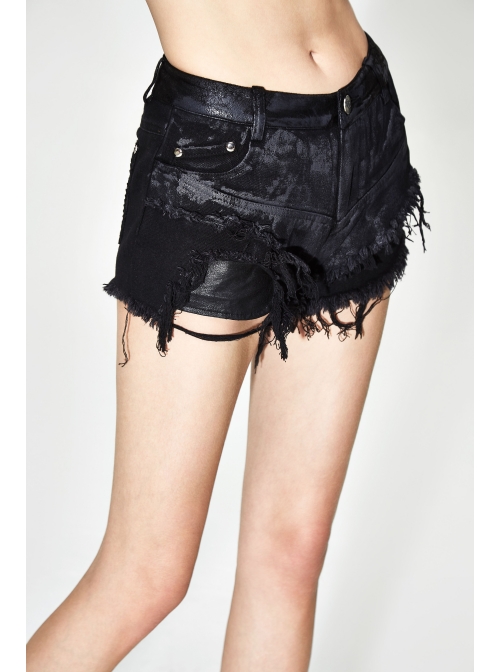 Double Waistband Burr Distressed Black Punk Mini Pants